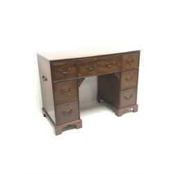 19th century inlaid mahogany campaign style desk, one long and four short drawers on shaped plinth base