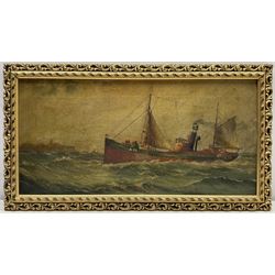 H G Hutton (Scarborough 19th/20th century): Ship's Portrait - Aberdeen Steam Trawler 'Strathspey A92' off Scarborough, oil on canvas signed titled and dated 1919, 29cm x 59cm 