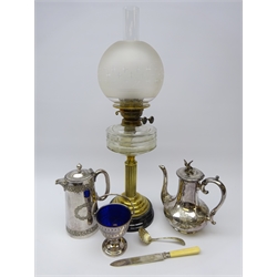  Victorian brass oil lamp, clear glass reservoir, shade and chimney H66cm silver plated coffee pot, Walker & Hall hot water jug, sugar basket with blue glass liner, bone handled bread knife and plated sifter   