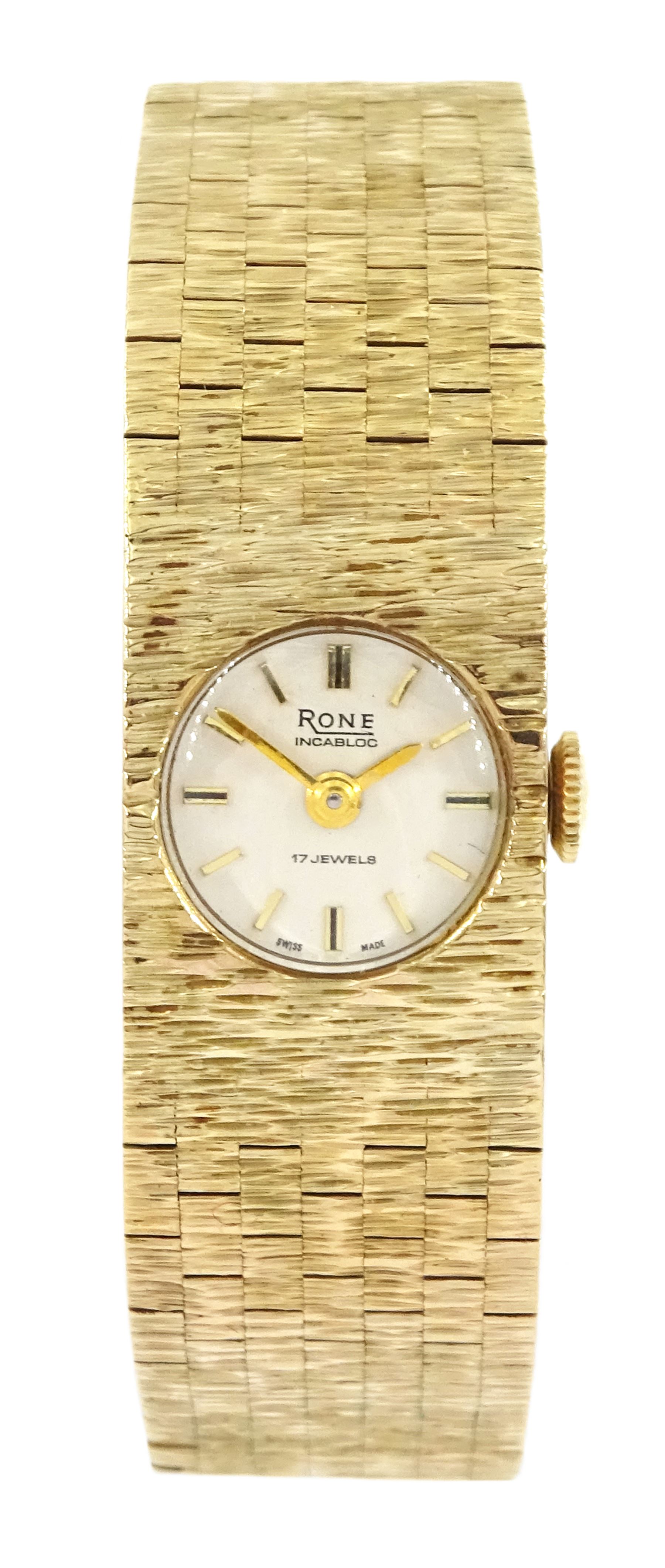 Rone 9ct gold ladies manual wind wristwatch, on integrated 9ct gold bracelet, London 1973