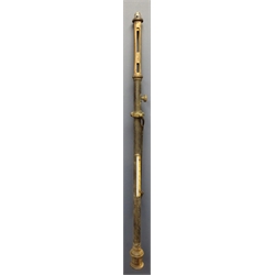  Late 19th century brass & japanned marine stick Barometer with thermometer, silvered register inscribed J. Morton, Sunderland & So. Shields, No.457 on gimbal bracket, in pine case, L92cm - for restoration   