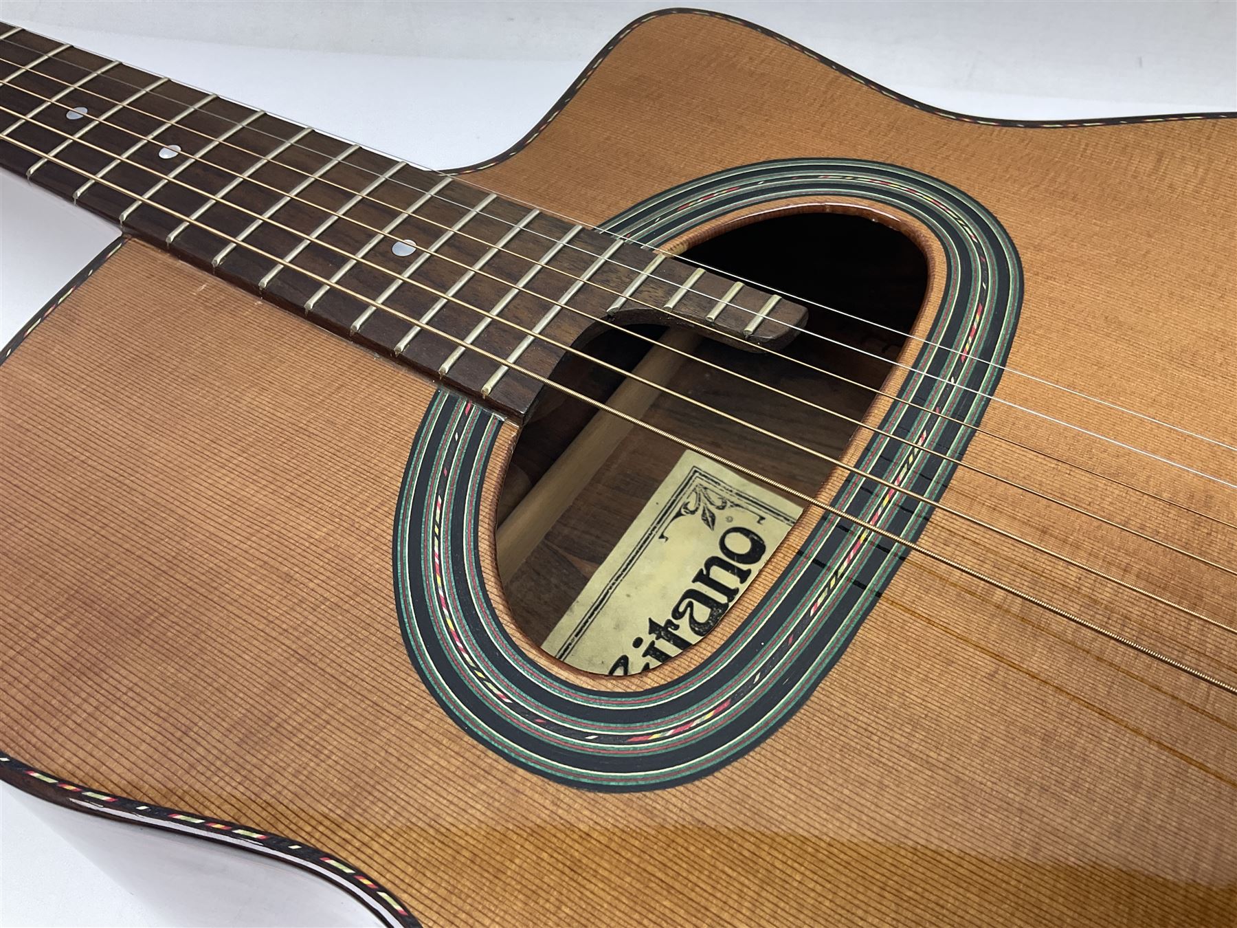 Spanish Gitano Manuel Rodriguez Maccaferri guitar, model no.EMC1; bears label; L98cm; in lightweight carrying case