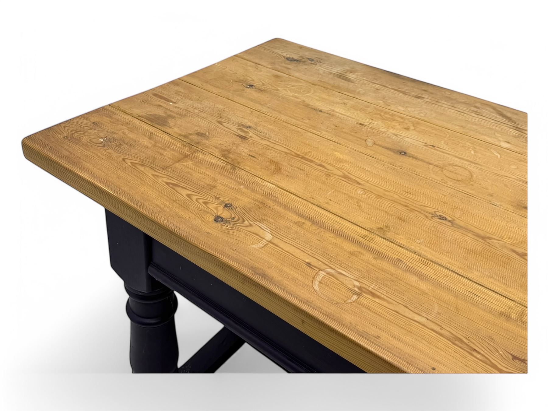 Late 20th century substantial pine refectory table, rectangular four-plank top over an indigo painted base featuring turned supports united by box stretchers