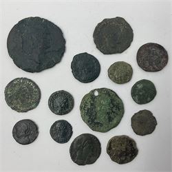 Three House of Constantine bronze coins to include Constantine the Great URBS ROMA; Crispus (AD 317-326) and Constantine II (AD 337-340), both PLON London mint, with small group of Roman etc metal detecting find coins (17) 