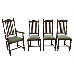 Set of four early to mid-20th century oak barely twist dining chairs, spiral turned supports joined by plain stretchers, three side chairs and one carver 