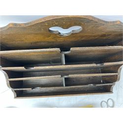 Oak five-tier letter rack, together with horn handle magnifying glass, Walker and Hall silver plated fish knives and forks, etc