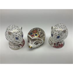 Six Royal Crown Derby paperweights, to include, Red Squirrel, Little Owl, Bramble Hedgehog, etc, all with gold stopper, printed mark beneath and original box
