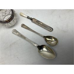 Silver and mother of pearl bookmark, silver mounted cut glass salts with collars by James Deakin, various hallmarked spoons etc, weighable silver 2.45 ozt
