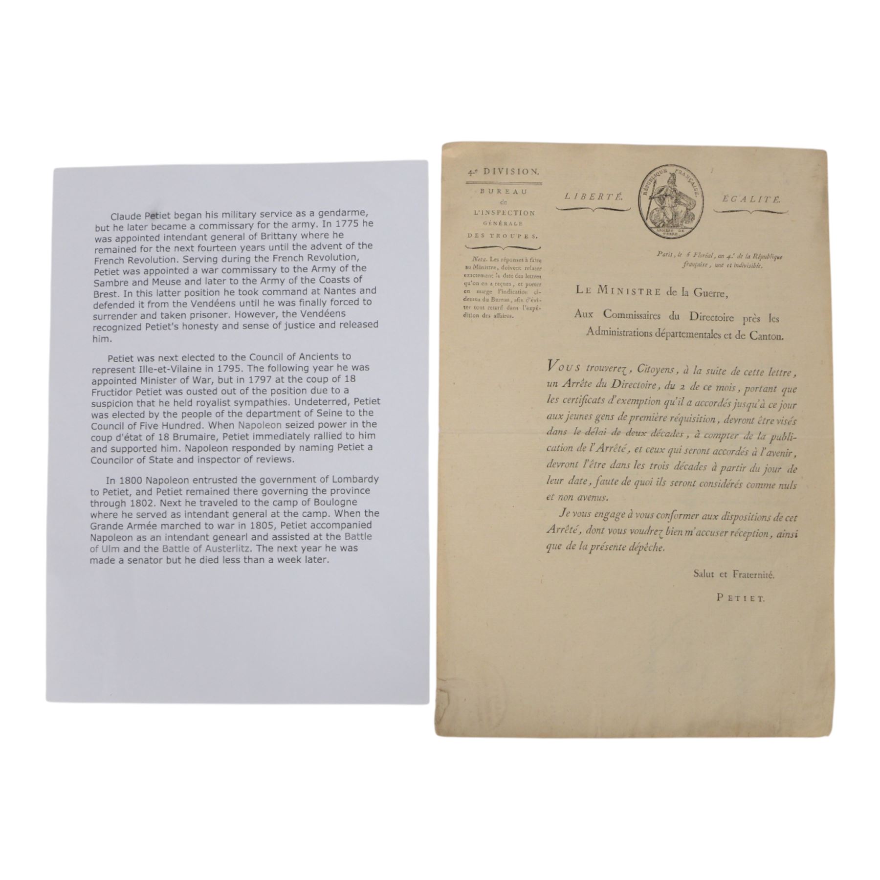 Napoleonic Ministry of War Decree issued by Claude Petiet 