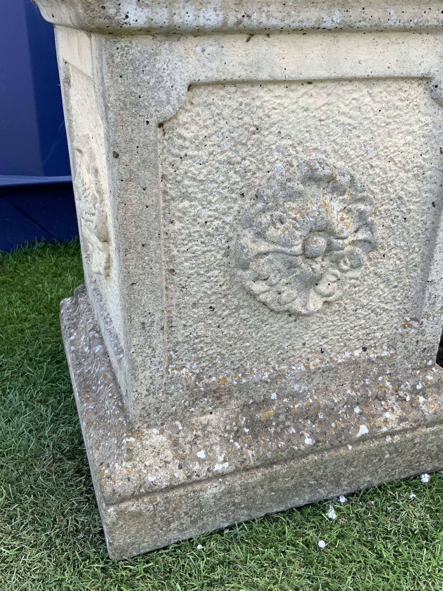Pair composite stone garden plinths, square form with top and lower mould, each side set with flower head - THIS LOT IS TO BE COLLECTED BY APPOINTMENT FROM DUGGLEBY STORAGE, GREAT HILL, EASTFIELD, SCARBOROUGH, YO11 3TX