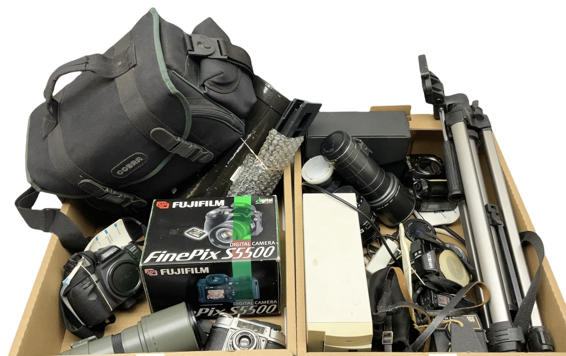 Cameras and related equipment including Fujifilm FinePix S5500, Minolta and other lenses, various camera bodies, soft case camera bag etc and a pair of Aico 10X50 binoculars, in two boxes (all untested)