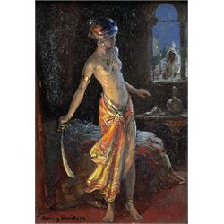 Allan Douglas Davidson (British 1873-1932): 'The Scimitar', oil on panel signed 24cm by 16.5cm
Provenance: with The Wroxham Art Gallery, Norfolk, label dated 1926 verso; Tennants Auctioneers 17th November 2011 Lot 1605
