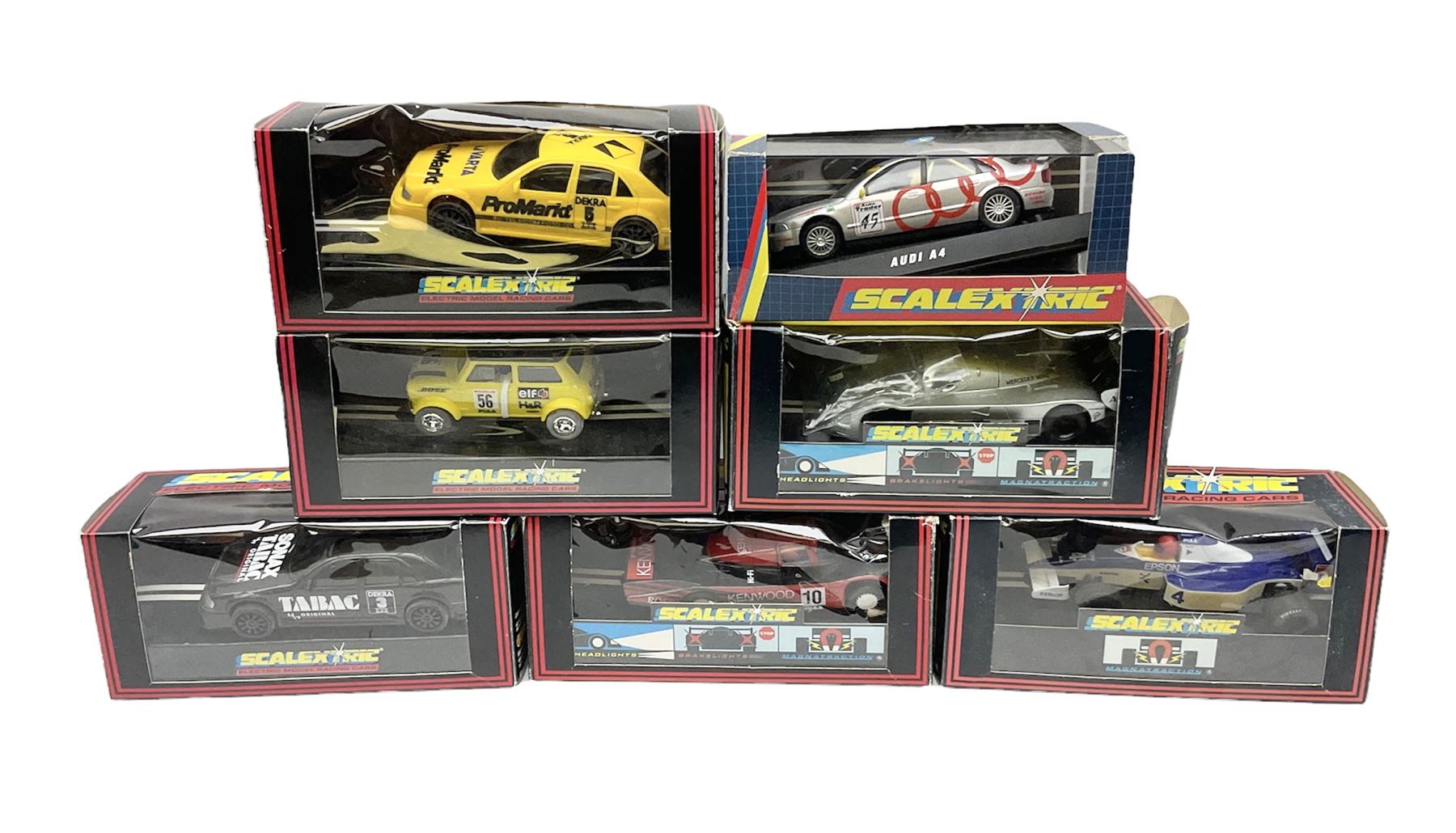 Scalextric by Hornby - seven cars comprising C486 Porsche 962 Kenwood, C467 Tyrrell 018, C601 Mercedes Sonax, C699 Mercedes Promarket #5, C468 Sauber Mercedes, C2104 Mini Yellow No.56 and C2002 Audi A4; all boxed (7)