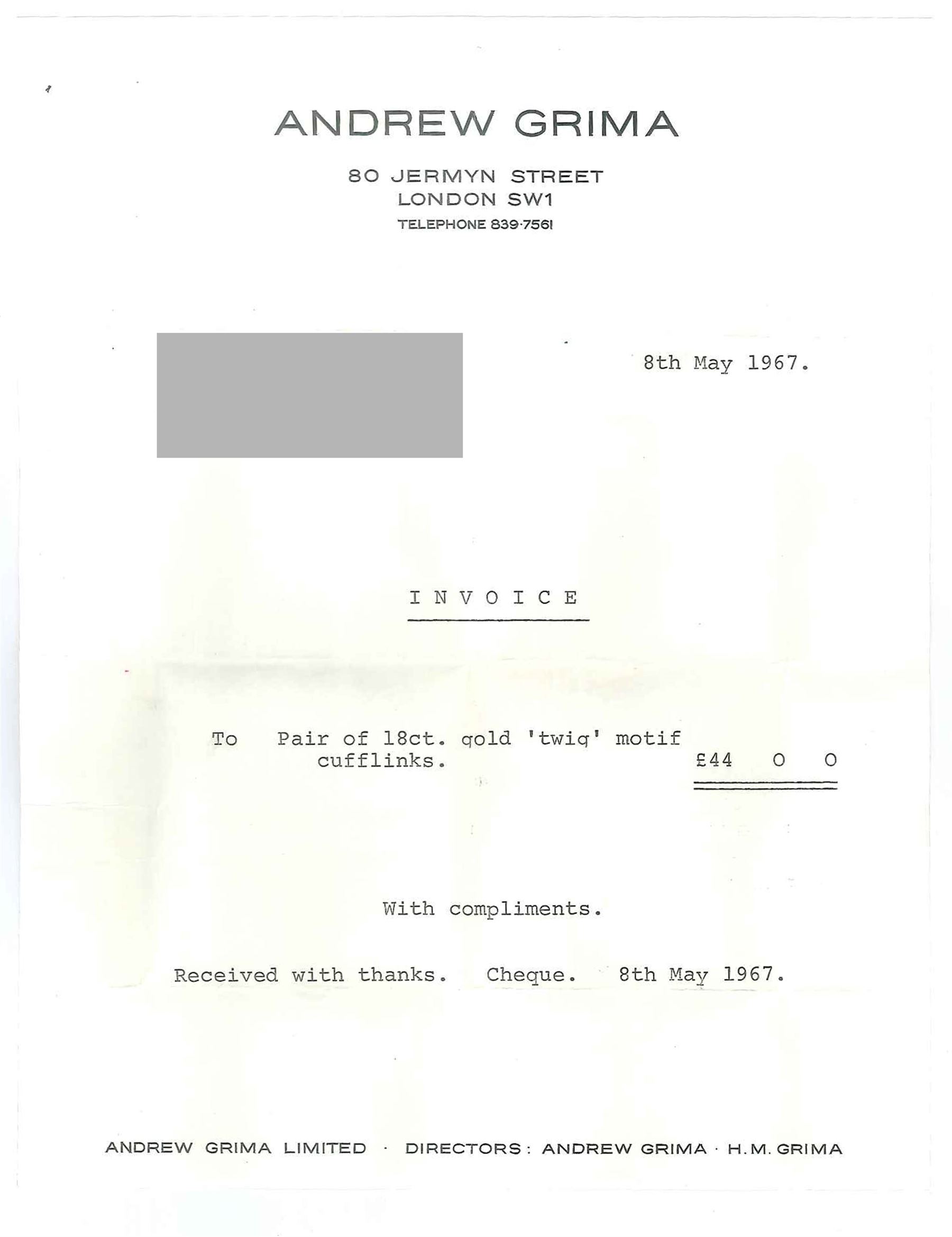 Andrew Grima pair of 18ct gold 'twig' design cufflinks, makers mark H J & Co, hallmarked London 1966, boxed with receipt dated 1967