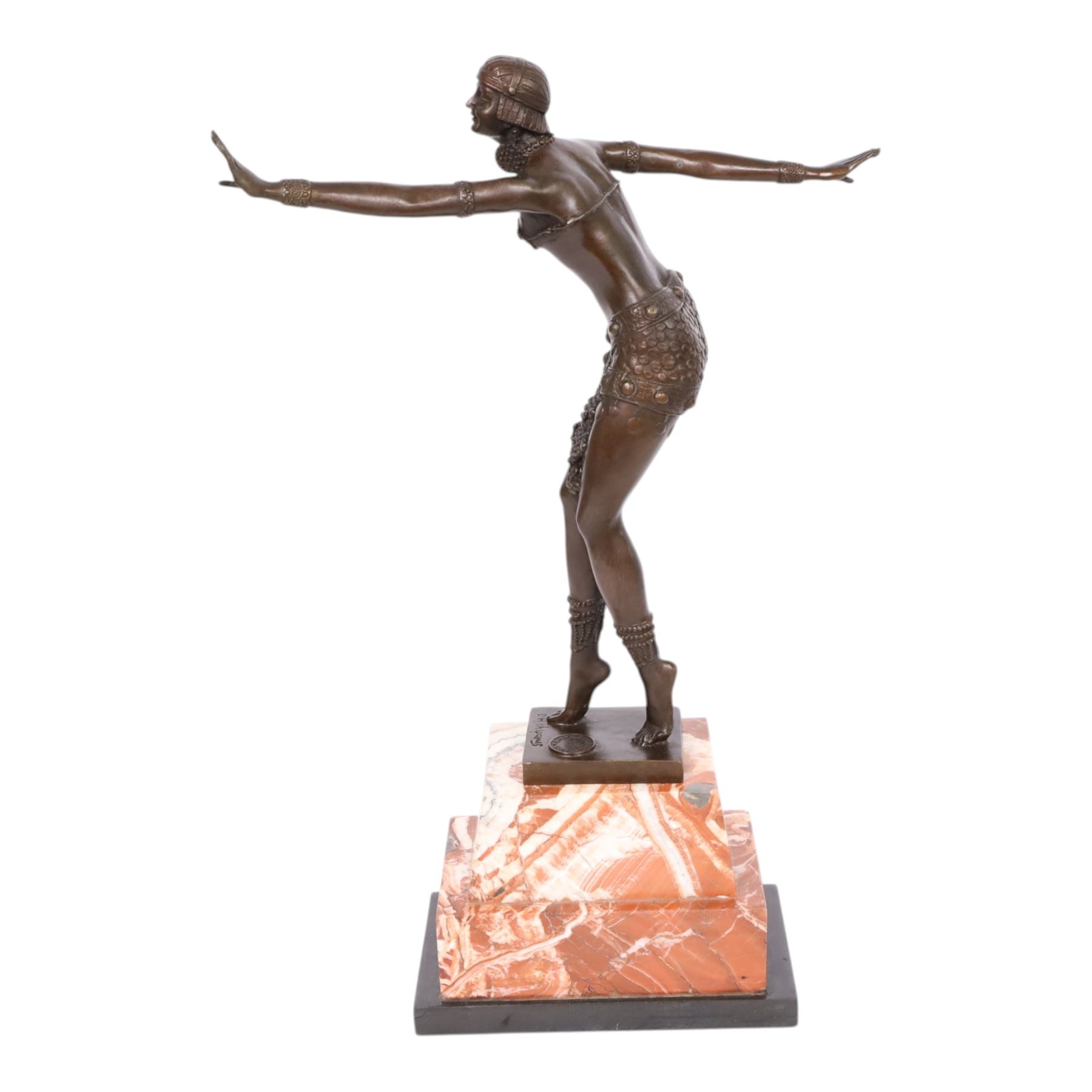 After Demétre Haralamb Chiparus (Romanian 1886-1947): Art Deco style bronze figure modelled as a dancer with outstretched arms, signed to the stepped bronze base and also bearing foundry stamp, upon a tapering marble plinth, overall H49cm
