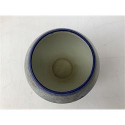 1930s Carlton Ware Art Deco Garden pattern vase of shouldered ovoid form, decorated with blue, pink and yellow flower heads on a mottled blue and white ground, pattern no. 3413, with printed and painted marks beneath, H19cm, together with a Clarice Cliff My Garden pattern vase, raised upon three feet with blue, pink and purple moulded Hollyhock design, H20cm, with Clarice Cliff Wilkinson Ltd England marks beneath