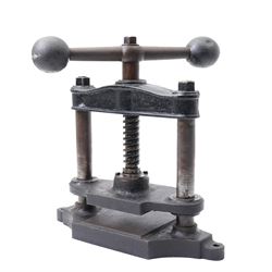 19th century cast iron book press, with large winding handle, H38cm 