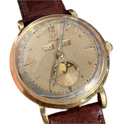 Omega Cosmic Moonphase triple calendar gentleman's 18ct gold manual wind wristwatch, circa 1940's, 17 jewels movement, Cal. 27 DL PC, No. 10936239, on brown leather strap