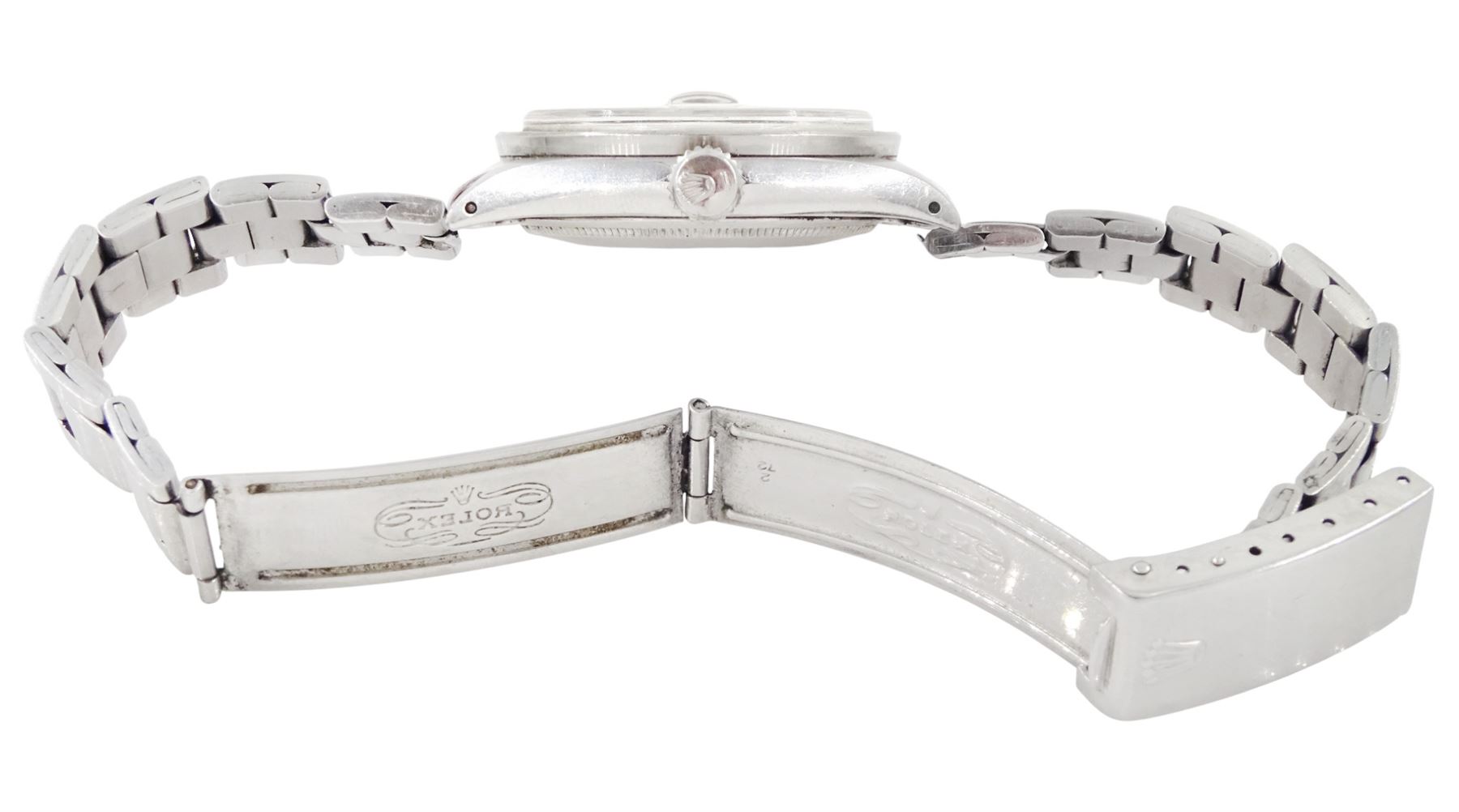 Rolex Oyster Perpetual Date gentleman's stainless steel automatic wristwatch, Ref. 1501, serial No. 2365486, circa 1970, silvered dial with baton hour markers, on stainless steel Oyster bracelet, with fold-over clasp