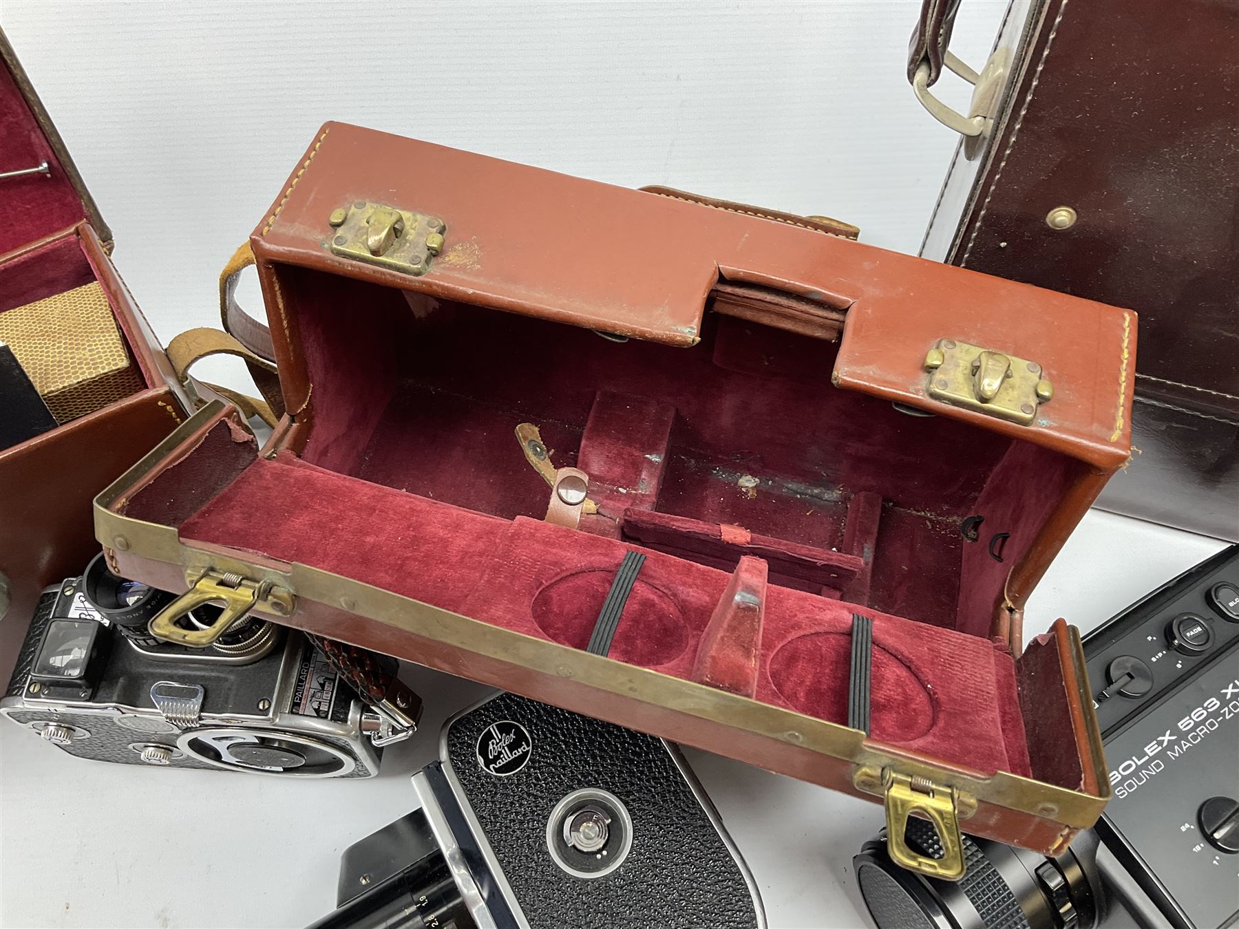 Bolex Paillard B8 cine-camera, Bolex Paillard P1 Zoom Reflex cine-camera and a Bolex 563 XL sound macro-zoom camcorder, all housed in carry cases, all untested