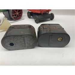 Mamod TE1a steam traction engine with burner, bunker, steering rod and funnel; red and black painted Tri-ang tin-plate Jones KL44 mobile crane; and two Hull Savings Bank Home Safe money boxes; all unboxed (4)