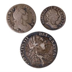 George III 1787 silver one shilling coin, William III silver sixpence (date rubbed), and G...