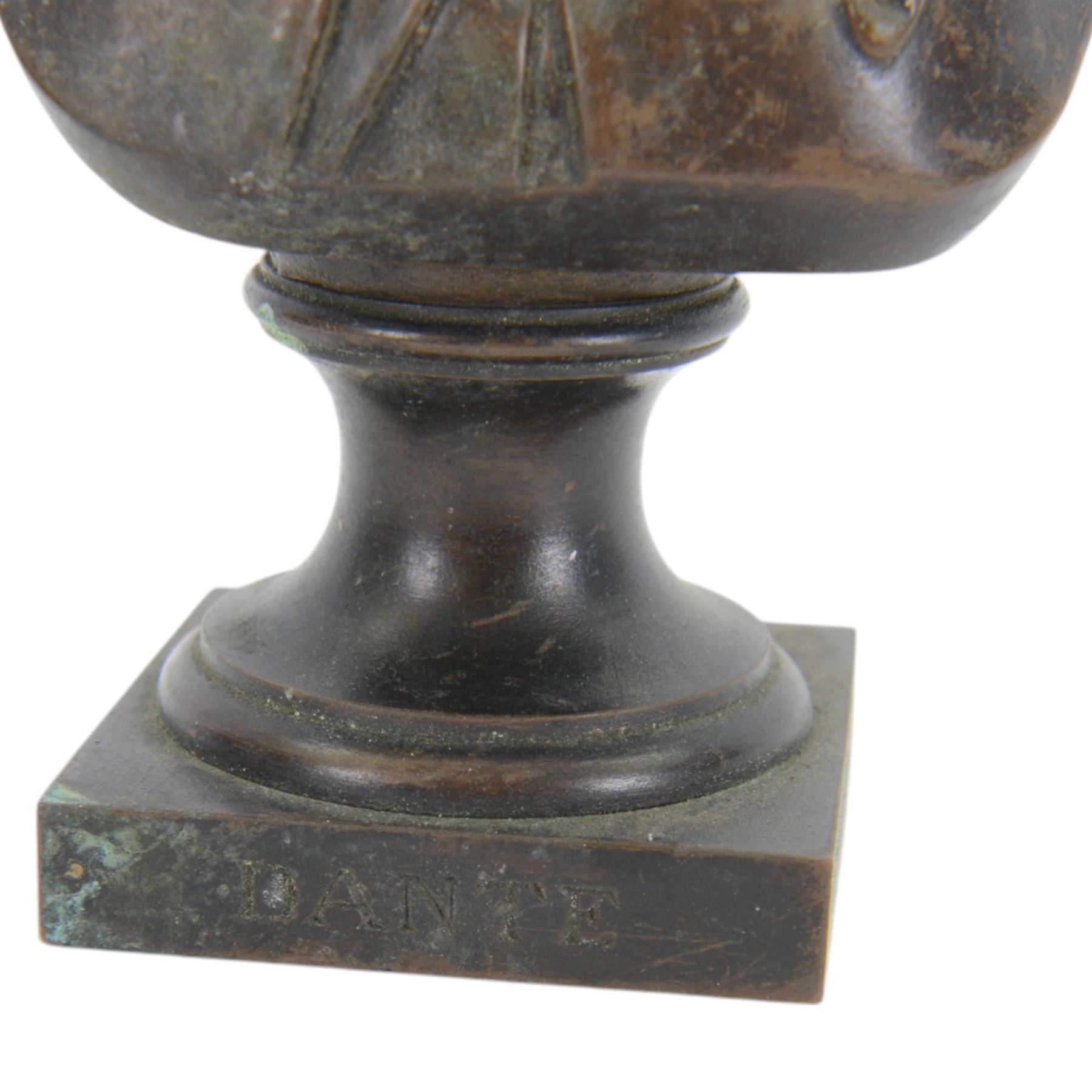 After A. Carrie, bronze bust depicting Dante Aligheri, upon socle and square plinth, signed verso with foundry mark, H22cm
