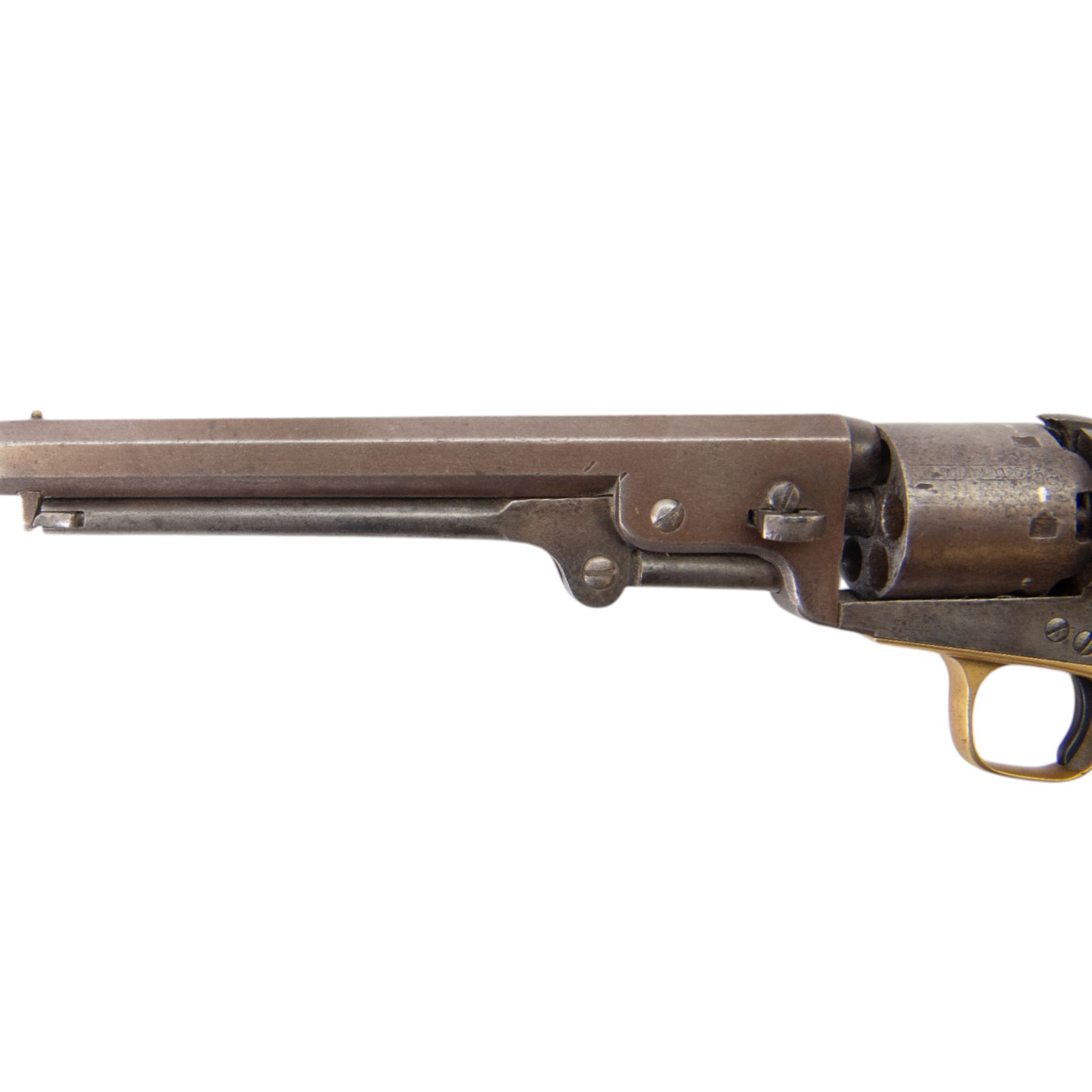 Colt .36 navy percussion revolver, with octagonal 7 1/2in. barrel top flat marked Address Col Samd Colt New York US America, frame stamped `Colts Patent' matching serial numbers, 112625, iron frame marked Colts Patent, brass grip-straps and trigger guard, smooth flared walnut grip, overall L33cm