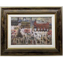 Sue Atkinson (Northern British 1949-2021): Busy London Street, oil on board signed 23cm x 34cm