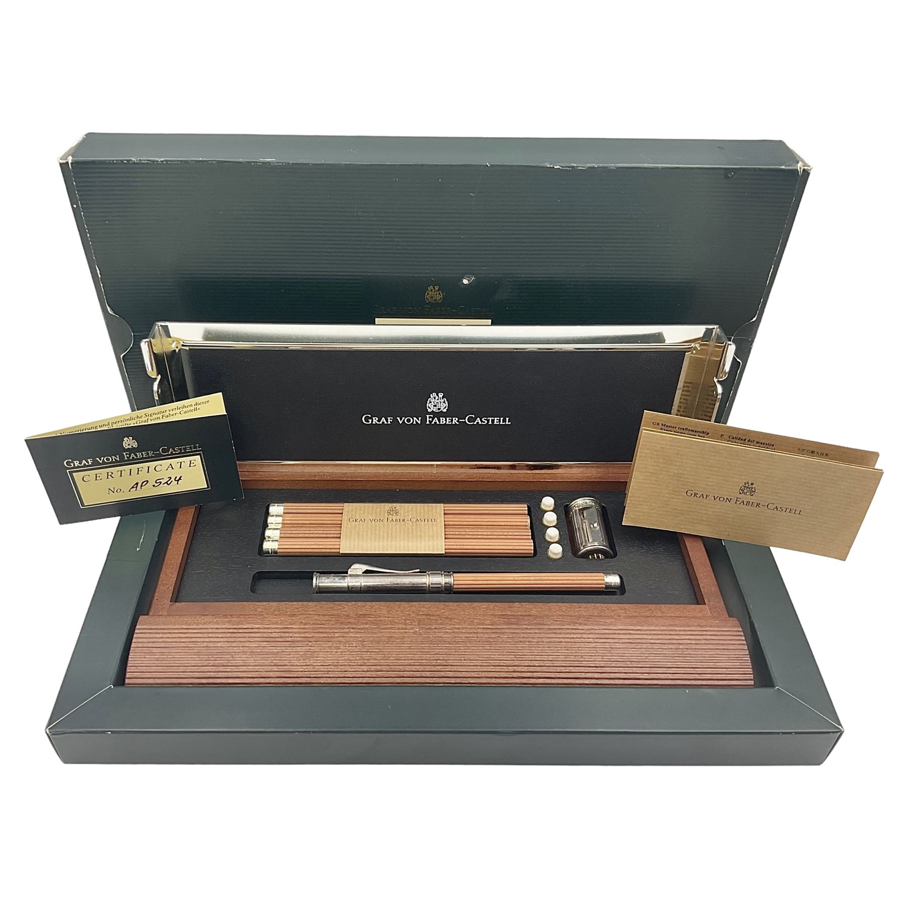 Graf Von Faber-Castell Pencil Cassette, housed in alder wood presentation box with mirrored hinged lid, containing platinum plated Perfect Pencil, sharpener, four erasers and four replacement pocket pencils with native alder handles hand-selected by Nuremberg woodcarvers, with certificate, cloth and original green box