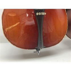 Two student half-size cellos - Boosey & Hawkes Artia with 65cm one-piece back and spruce top; bears maker's label; L104cm overall; and Romanian with 65.5cm two-piece maple back and ribs and spruce top; bears label; L108.5cm overall; each in soft carrying case with two bows (2)