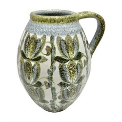 Large Denby jug, with mottled blue and green foliate decoration on a white ground, by Glynn Colledge, signed beneath, H30cm