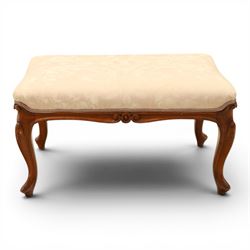 French walnut dressing stool, upholstered in pink damask fabric, raised on cabriole legs 