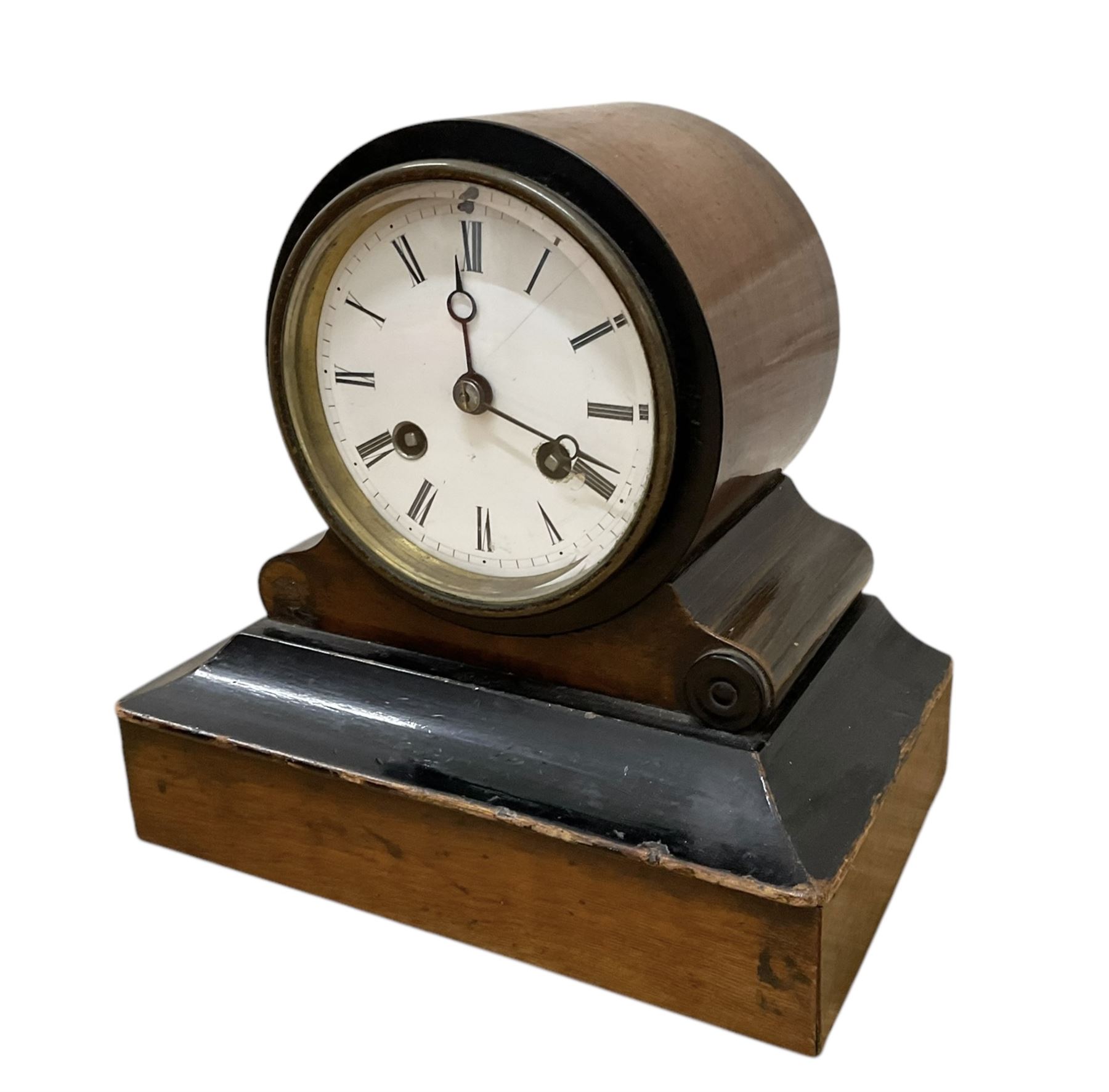 French- late 19th century mahogany and ebonised 8-day mantle clock c1890, cased drum movement with an enamel dial, Roman numerals and steel moon hands, countwheel striking movement, sounding the hours on a bell. With pendulum.