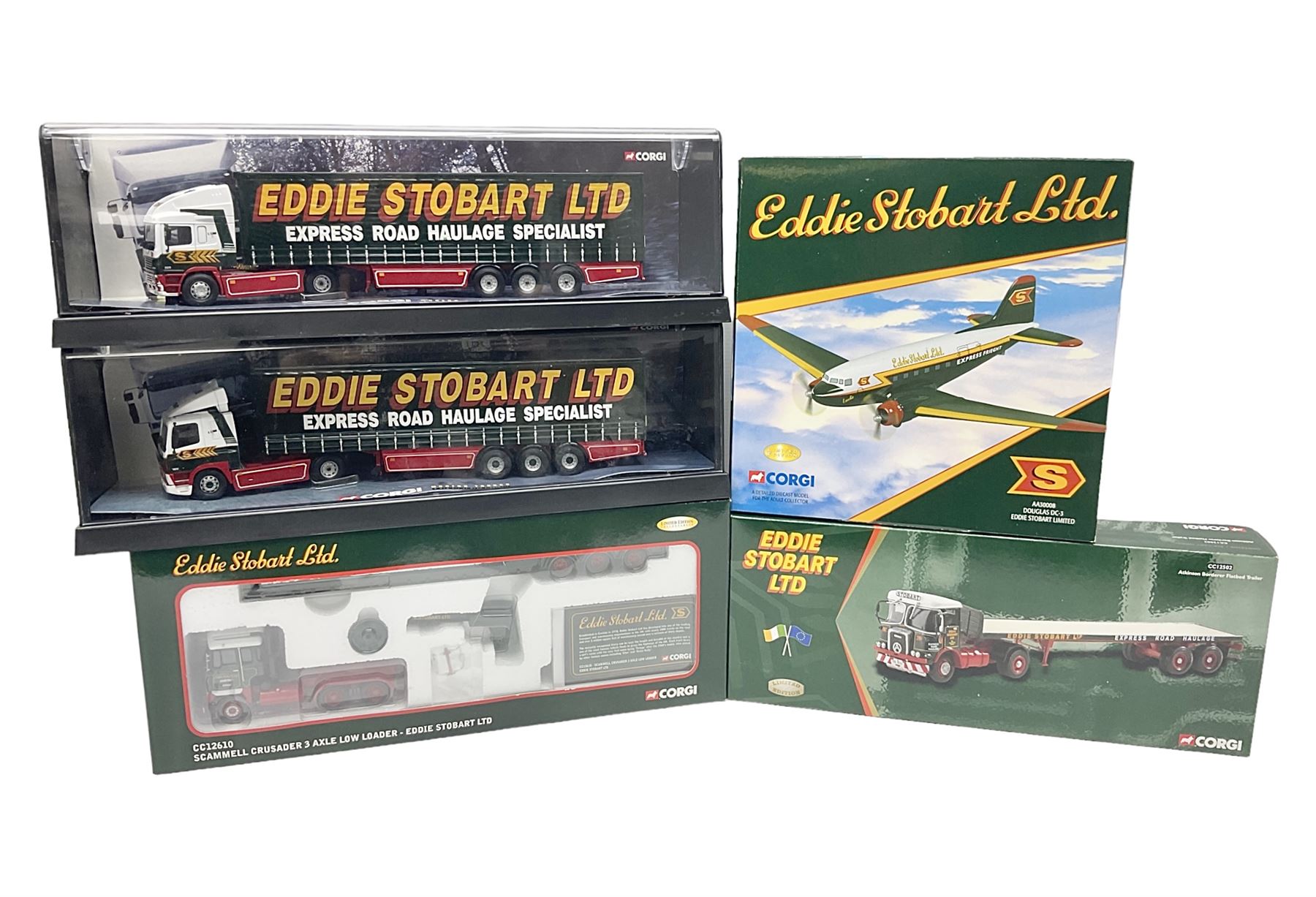 Corgi Eddie Stobart - four heavy haulage vehicles comprising 75201 ERF Curtainside; 75403 Leyland-DAF Curtainside; both in plastic display boxes; CC12610 Scammell Crusader 3 Axle Low Loader; and CC12502 Atkinson Borderer Flatbed Trailer; together with AA30008 Douglas DC-3 Aircraft; all boxed (5)