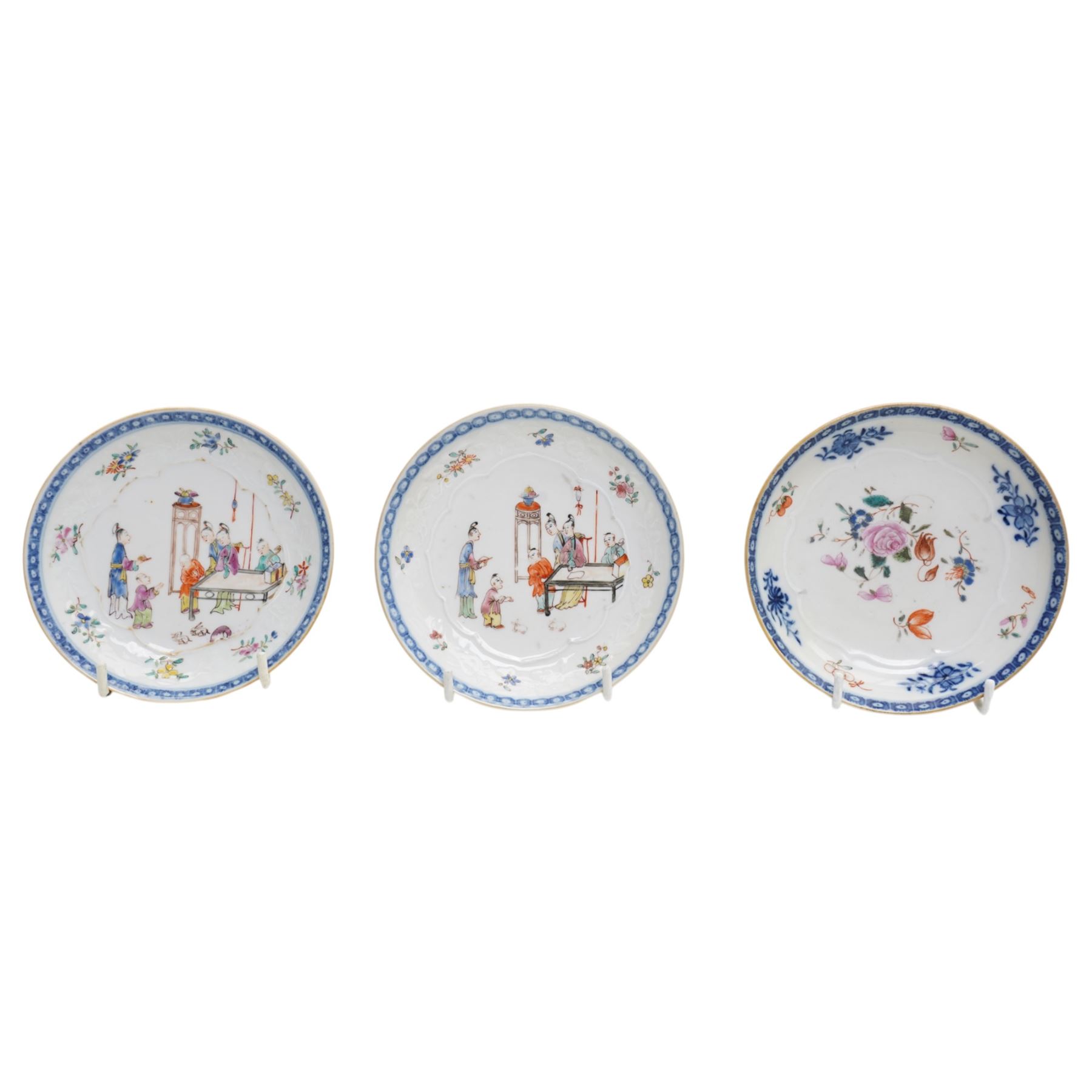 Group of eight 18th century and later Chinese famille rose and similar painted teabowls and dishes, to include unmarked peony cup, small cup decorated with flowers and butterfly, cup decorated with female figure gazing out of a window in a Buddhist temple with indistinct square character mark to base, pair of saucers unmarked, and others with character scenes unmarked (8)