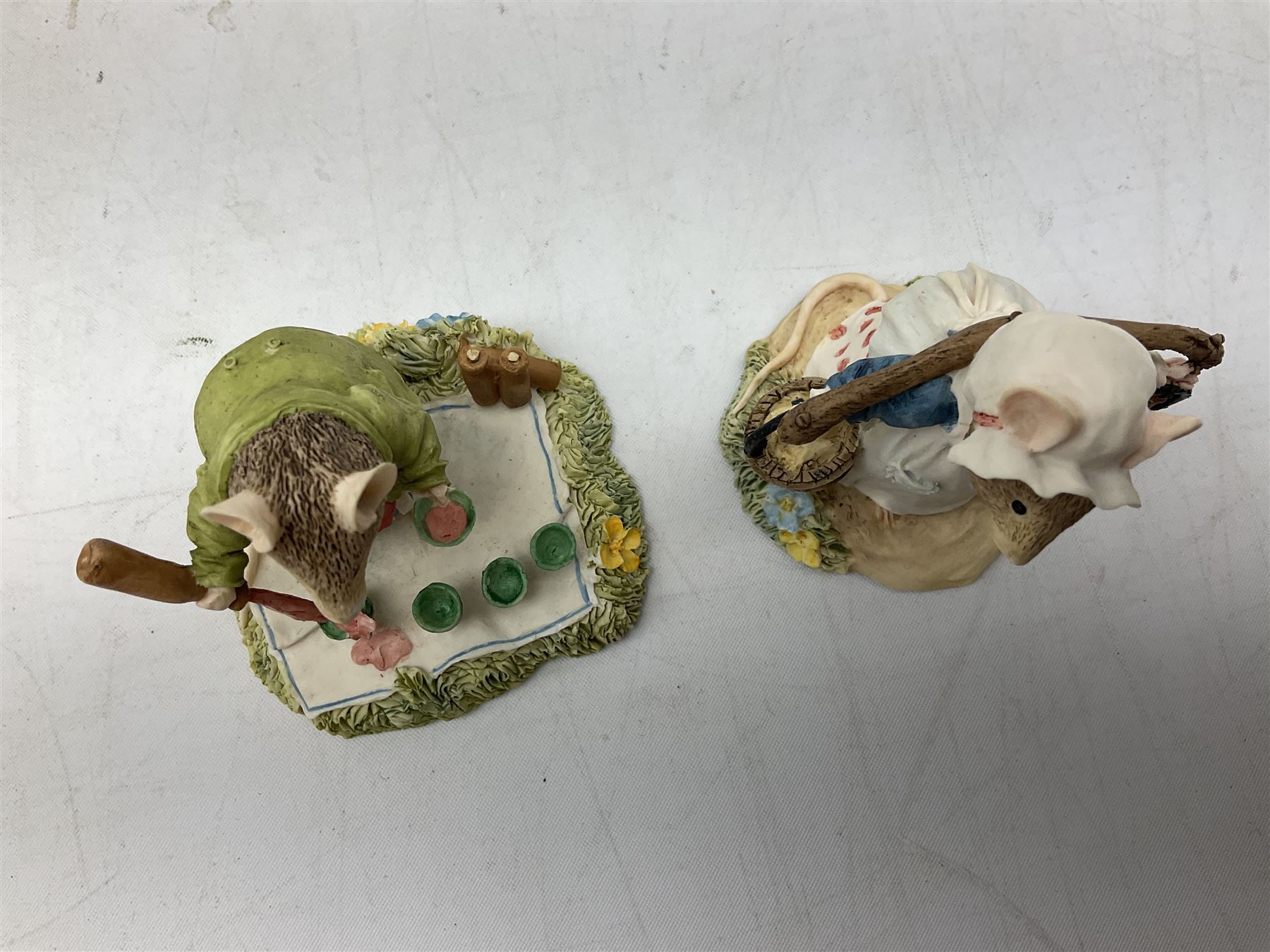 Four Classic Collectables Brambly Hedge figures, comprising Basil Pouring Drinks, Wilfred and Teasel Pushing Cart, Poppy Carry Pails and Mrs Apple, Wilfred and Basket, all boxed