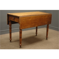  Early 20th century mahogany Pembroke drop leaf table, single drawer, turned supports on brass cups, W96cm, H71cm, L103cm, (maximum size)  