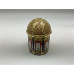 Cylindrical music box with domed lid depicting the Music Room at Buckingham Palace and playing Mozart's 'Voi Che Sapete', limited edition 187 of 250, boxed, together with enamel box for the silver jubilee and a victorian paperweight of Scarbrough  