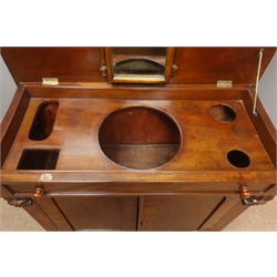  Victorian mahogany wash stand, hinged lid enclosing fitted interior, two cupboard doors, plinth base, W93cm, H82cm, 48cm  