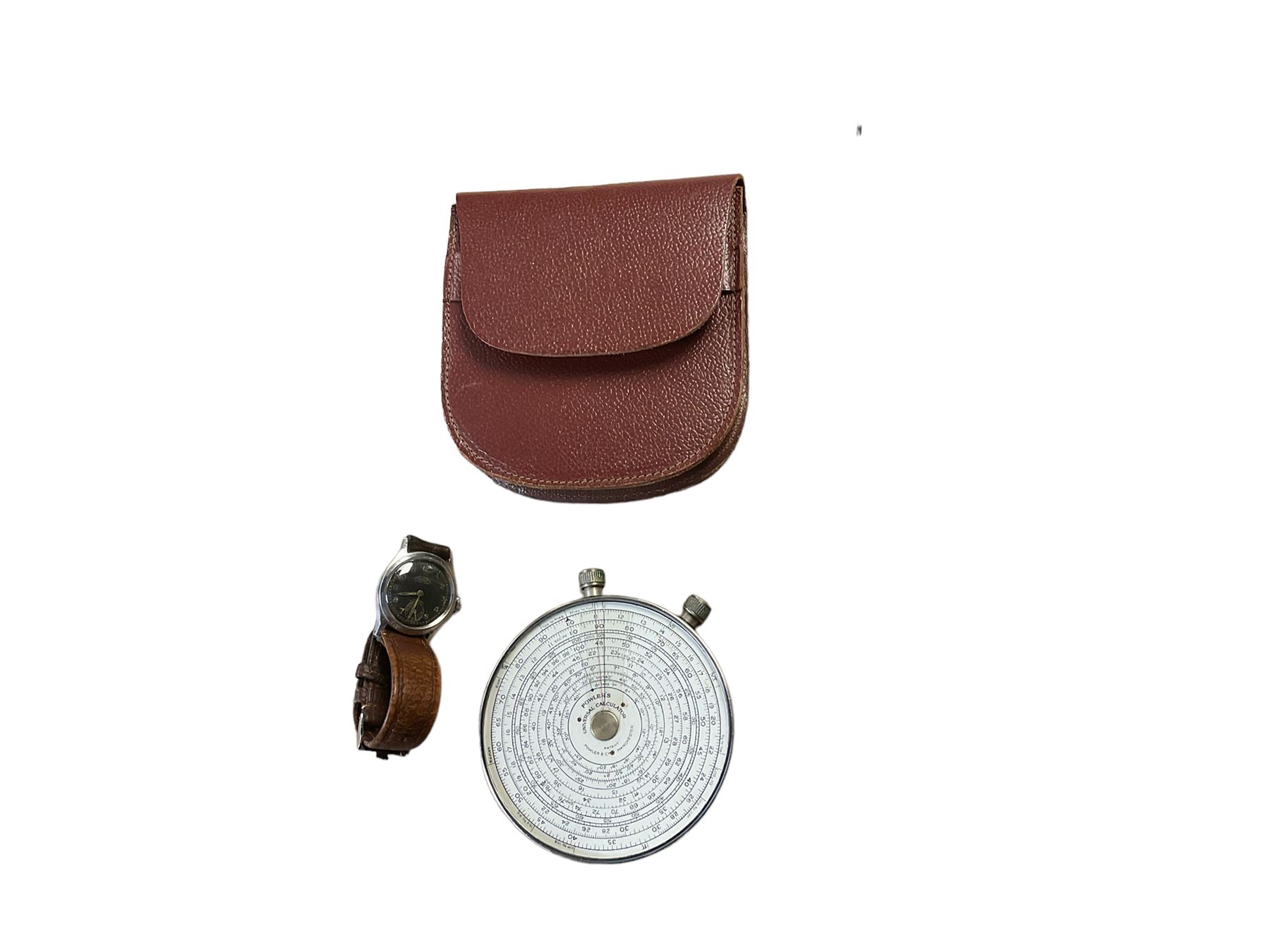 Fowlers Universal Calculator, Fowler & Co Manchester, in a leather case, together with Favre Leubra Sandow wrist watch