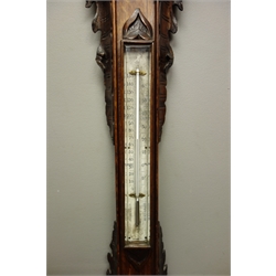  Victorian Black Forest style carved oak stick barometer,register inscribed J.Somalyico & Co. Hatton Garden, London, with thermometer, H120cm  