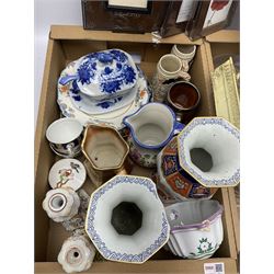 Assorted ceramics, to include two decorative vases decorated in Oriental style, blue and white sauce tureen, stand and ladle, two jelly moulds, together with small selection of glass, including ships decanter and stopper, and three cake stands, teddy bear, etc., in two boxes 