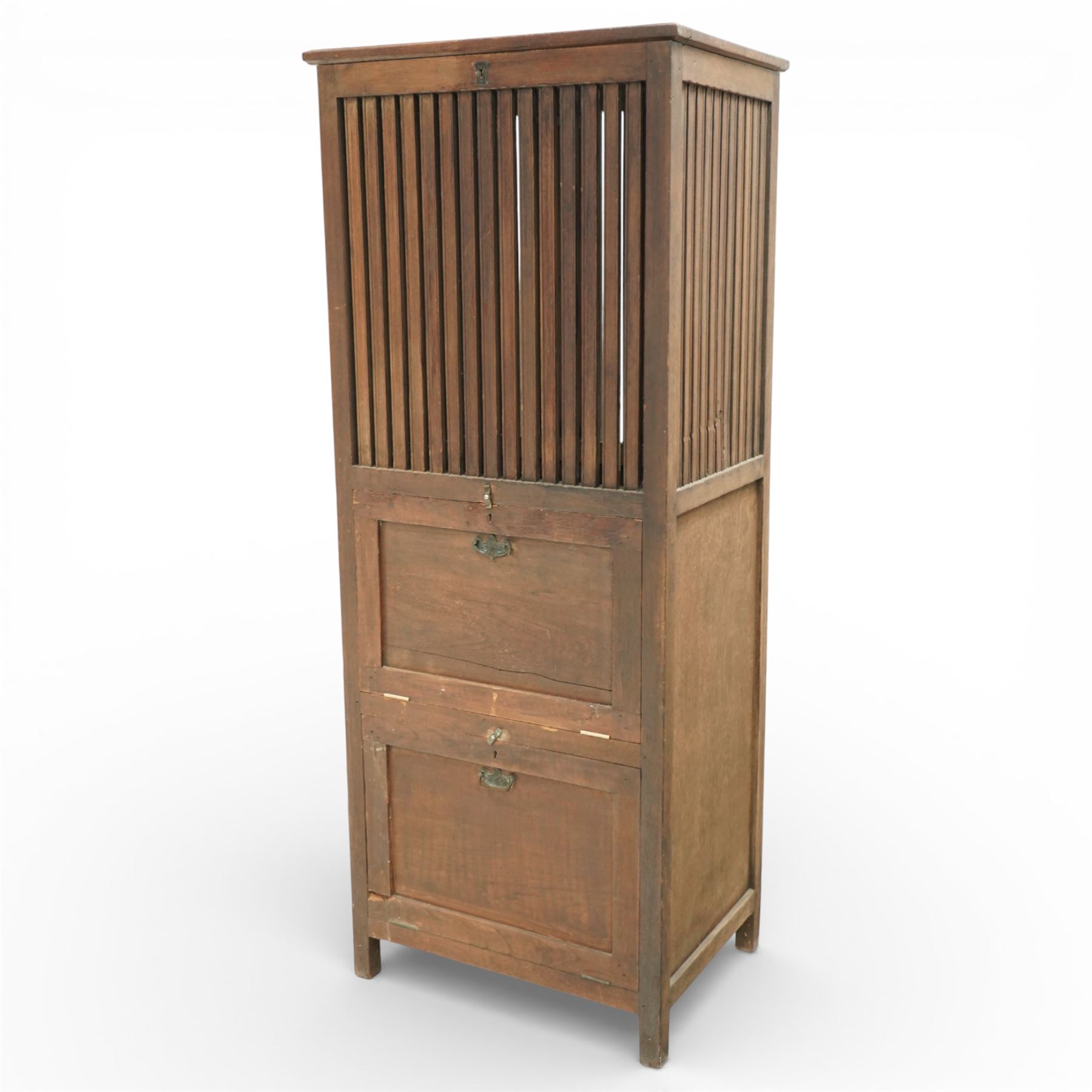 19th century Anglo Indian teak clothes airer cabinet, the rectangular top above a slatted upper compartment enclosed by twin doors, over two fall front compartments with metal drop handles, plain panelled sides and raised on square section supports