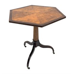 Regency style birdseye maple and rosewood tripod table, hexagonal tilt top with segmented veneer and banding, tapered hexagonal column on three splayed serpentine supports, brass cups and castors 