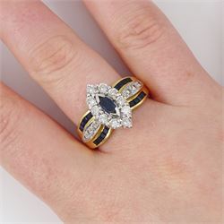 18ct gold sapphire and diamond cluster marquise shaped ring, single marquise cut sapphire, surrounded by ten round brilliant cut diamonds, each shoulder set with three round brilliant cut diamonds and ten calibre cut sapphires, hallmarked, total diamond weight approx 0.90 carat