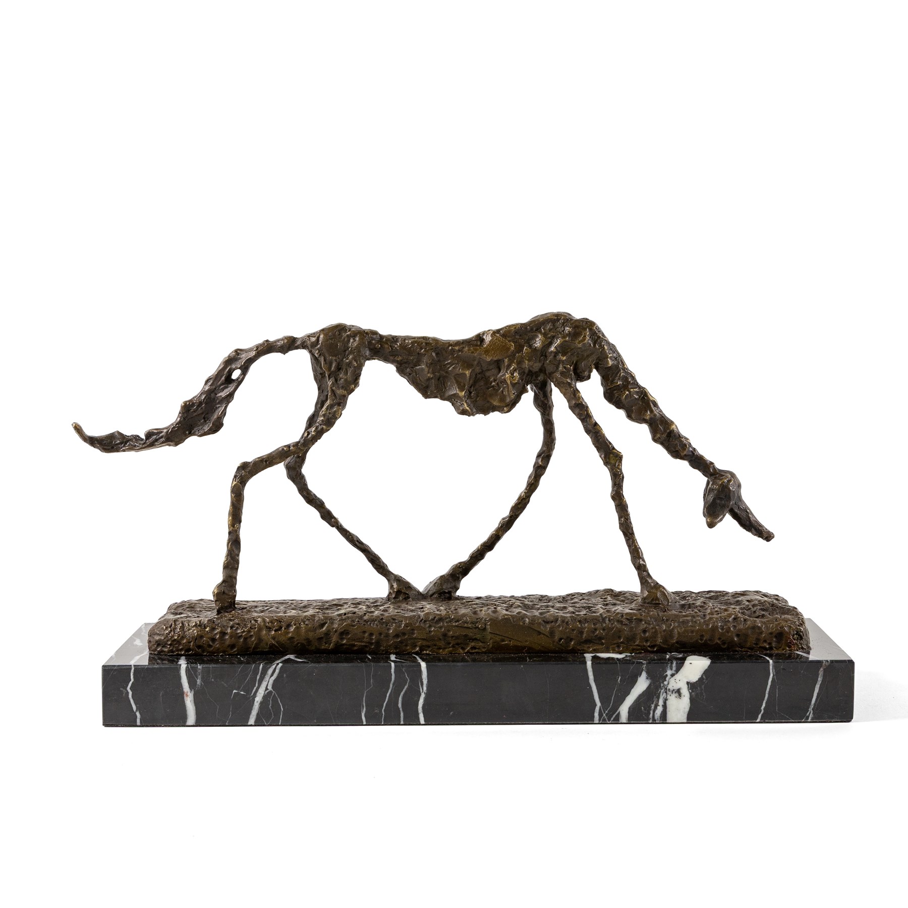 After Giacometti, bronze figure The Dog, on rectangular marble base, H22cm, L42cm