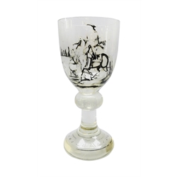  19th/ early 20th century German 'Historismus' glass goblet with monochrome enamelled bowl and foot depicting a hunting scene H19cm   