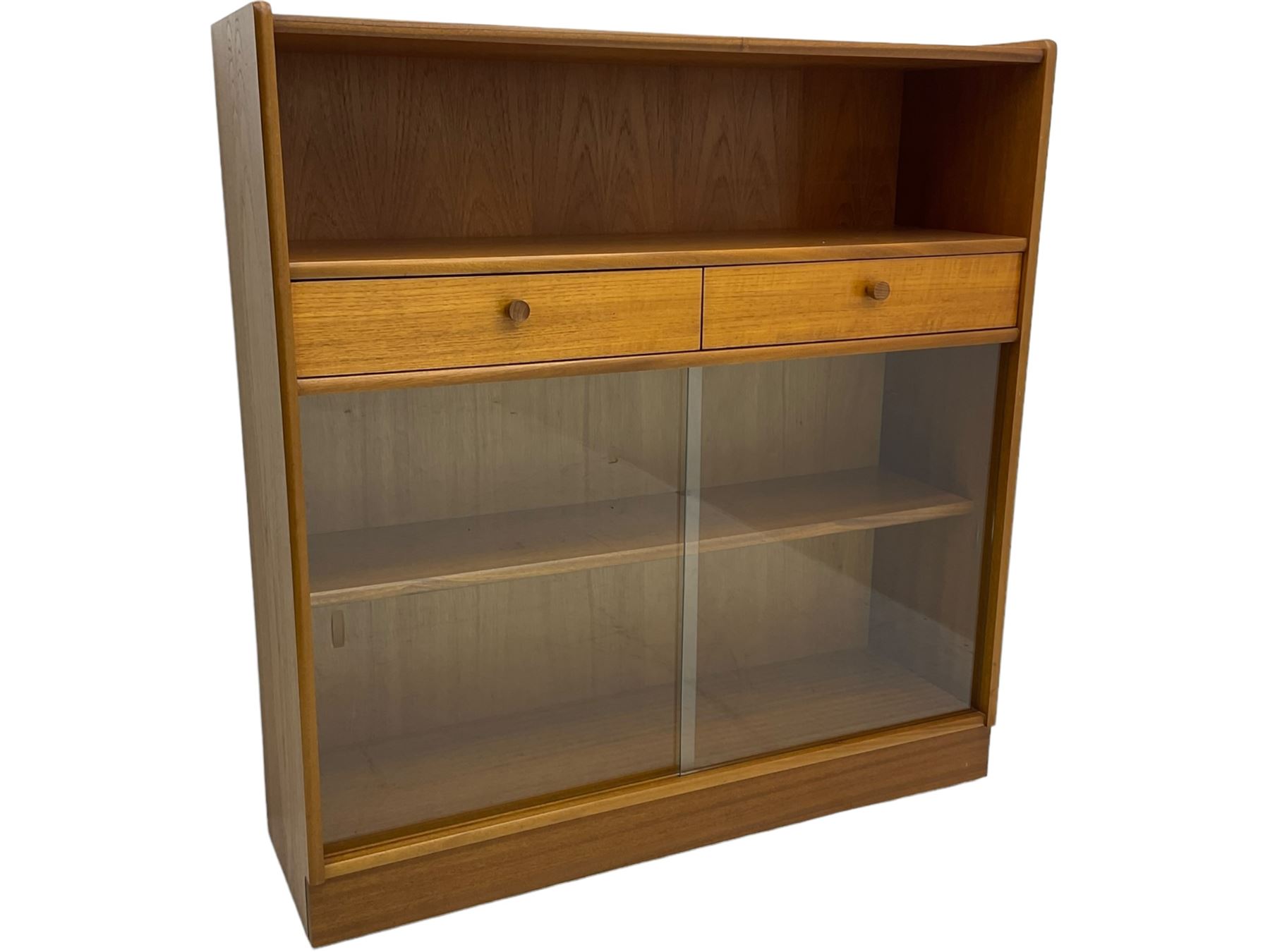 Nathan - teak open bookcase, fitted with sliding glass doors and two drawers