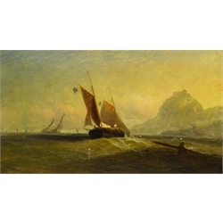 English School (19th century): Hay Barge off the Coast, oil on canvas indistinctly signed 57cm x 103cm  